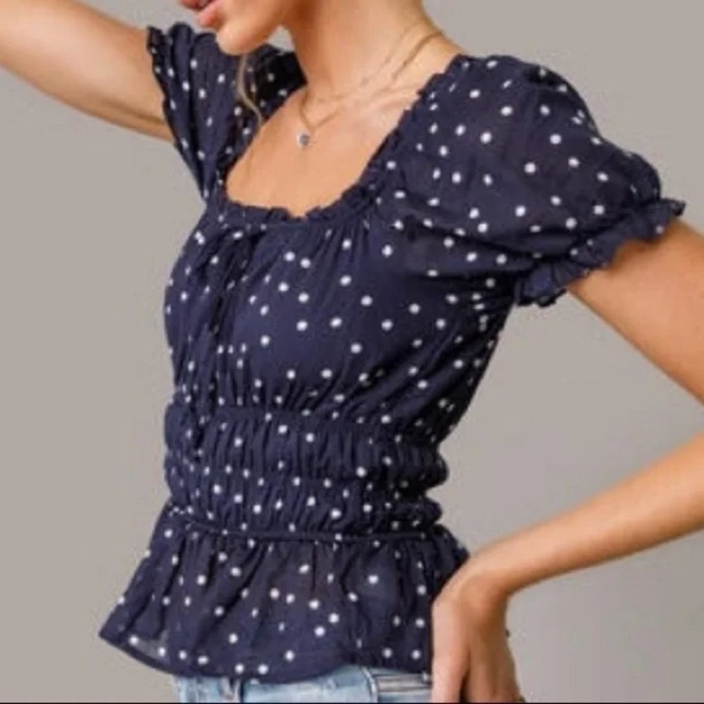 navy blue polka dot crop top, peplum cinched waist shirt